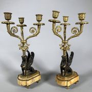 Paire De Candelabres Aux Sphinges En Bronze Dore,  XIXeme Siècle