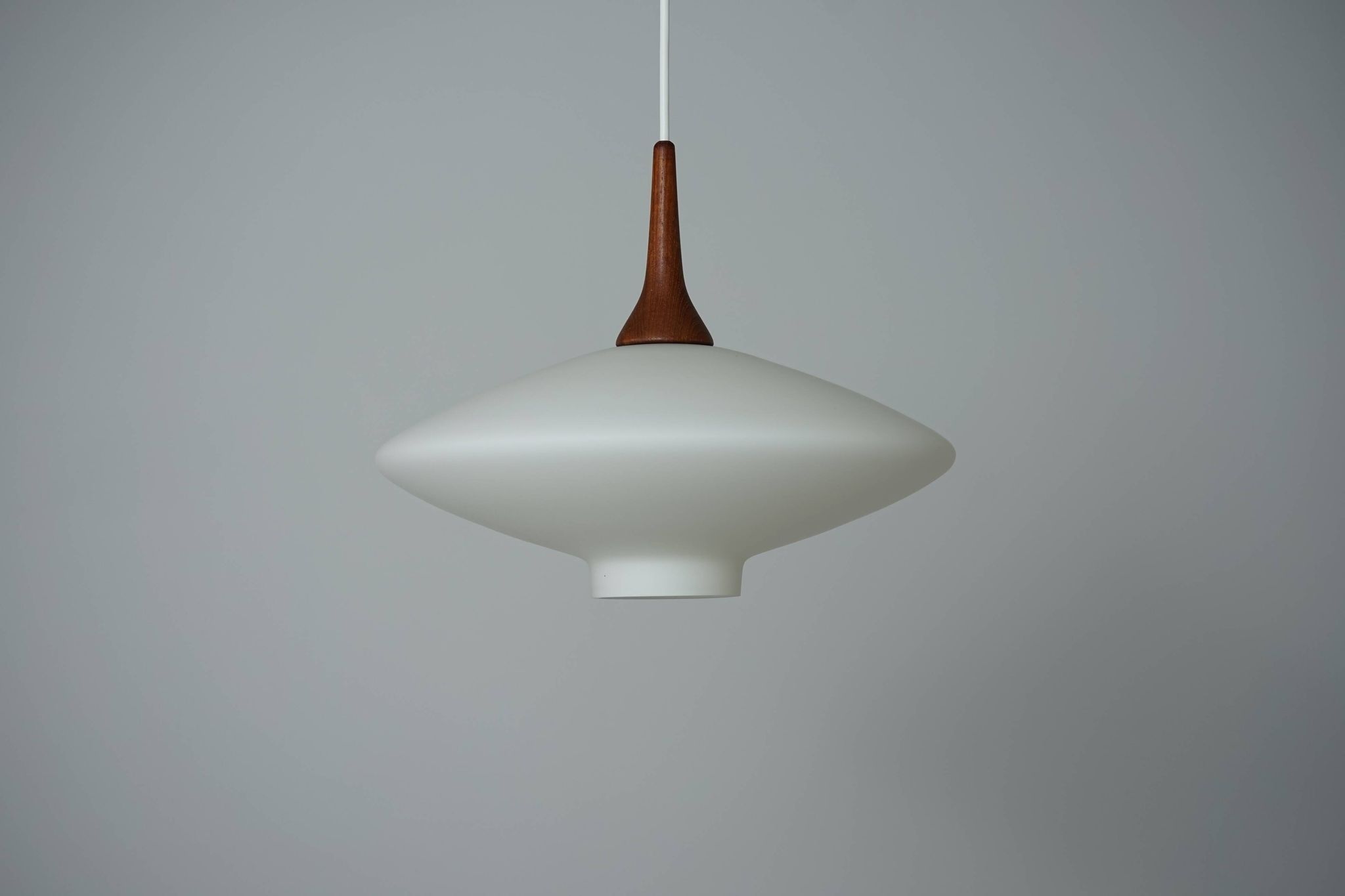 Danish Vintage UFO Lamp in Opal Glass and Teak 1960s
