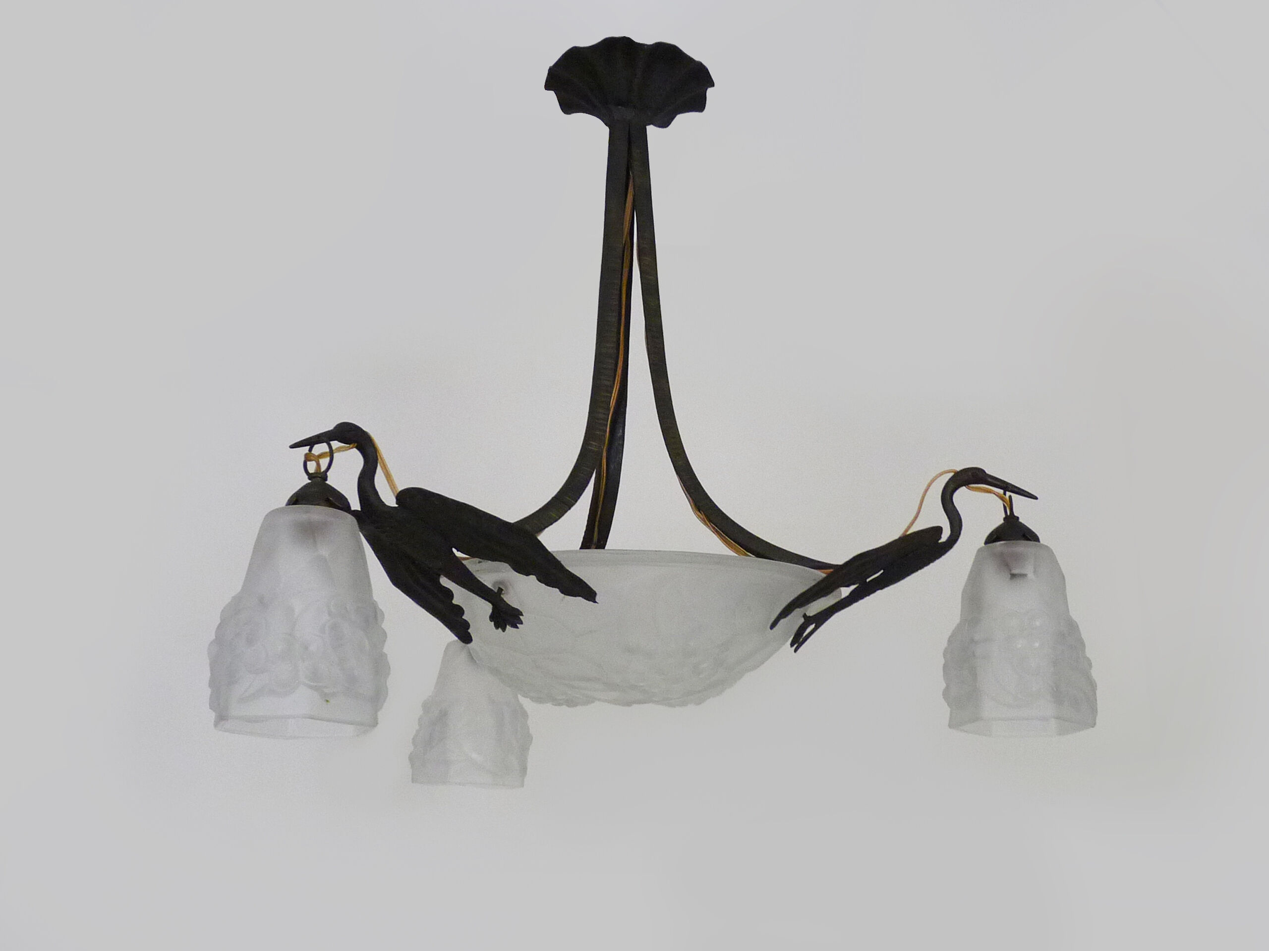 Art deco wrought iron chandelier - signed ros (degué) decoration birds