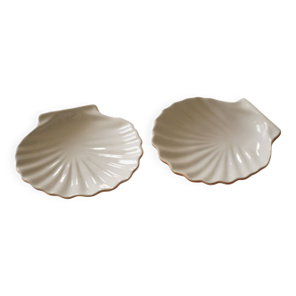 Set of 2 scallop shell bowls in beige and light brown porcelain
