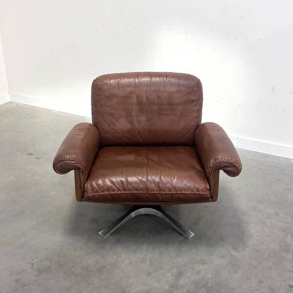 Set cognac leather De Sede DS31 lounge chairs, 1970s