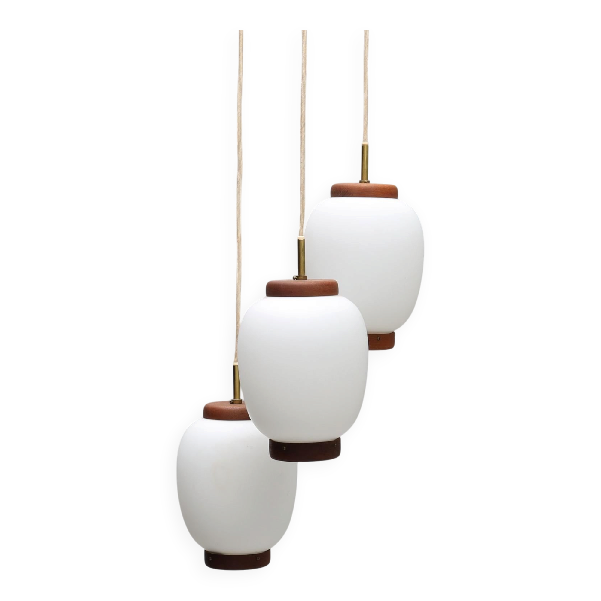 Bent Karlby "China" pendant lights, 3 lights, teak and glass, Lyfa, Denmark, 1960.