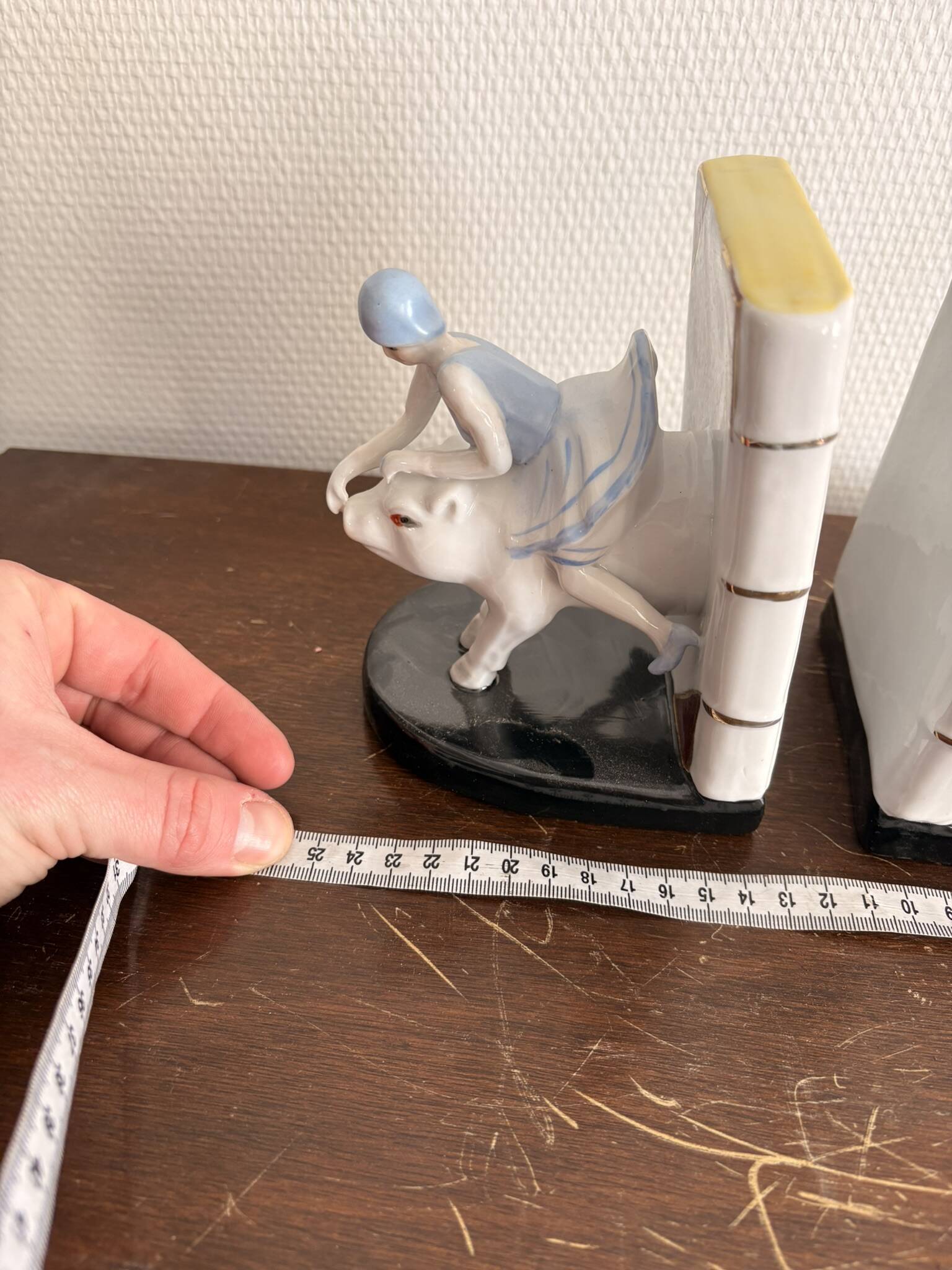 Old Pair of Bookends Porcelain White Girl Woman Equestrian Pig Art
