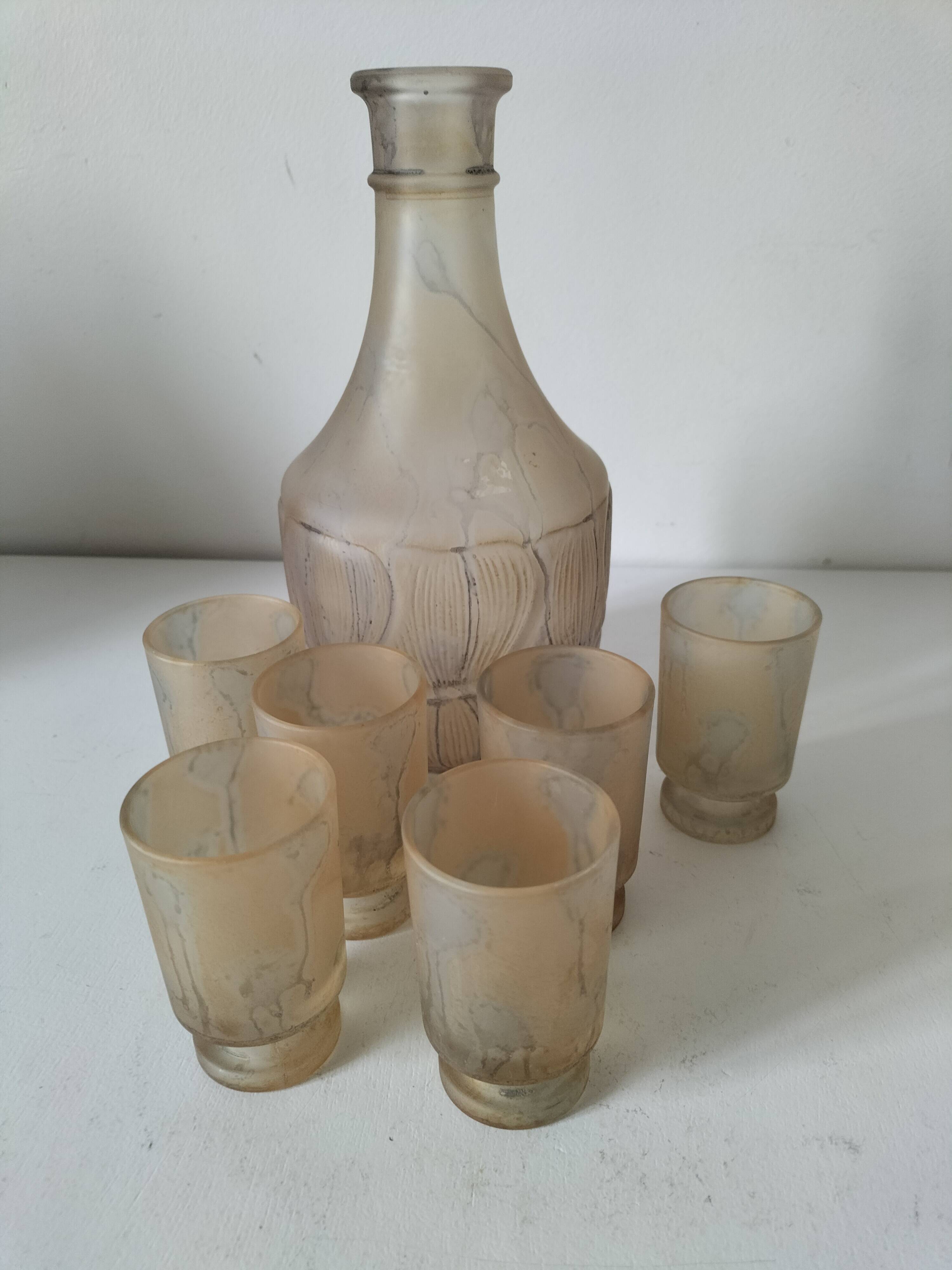 Frosted glass carafe and 6 stemmed glasses set