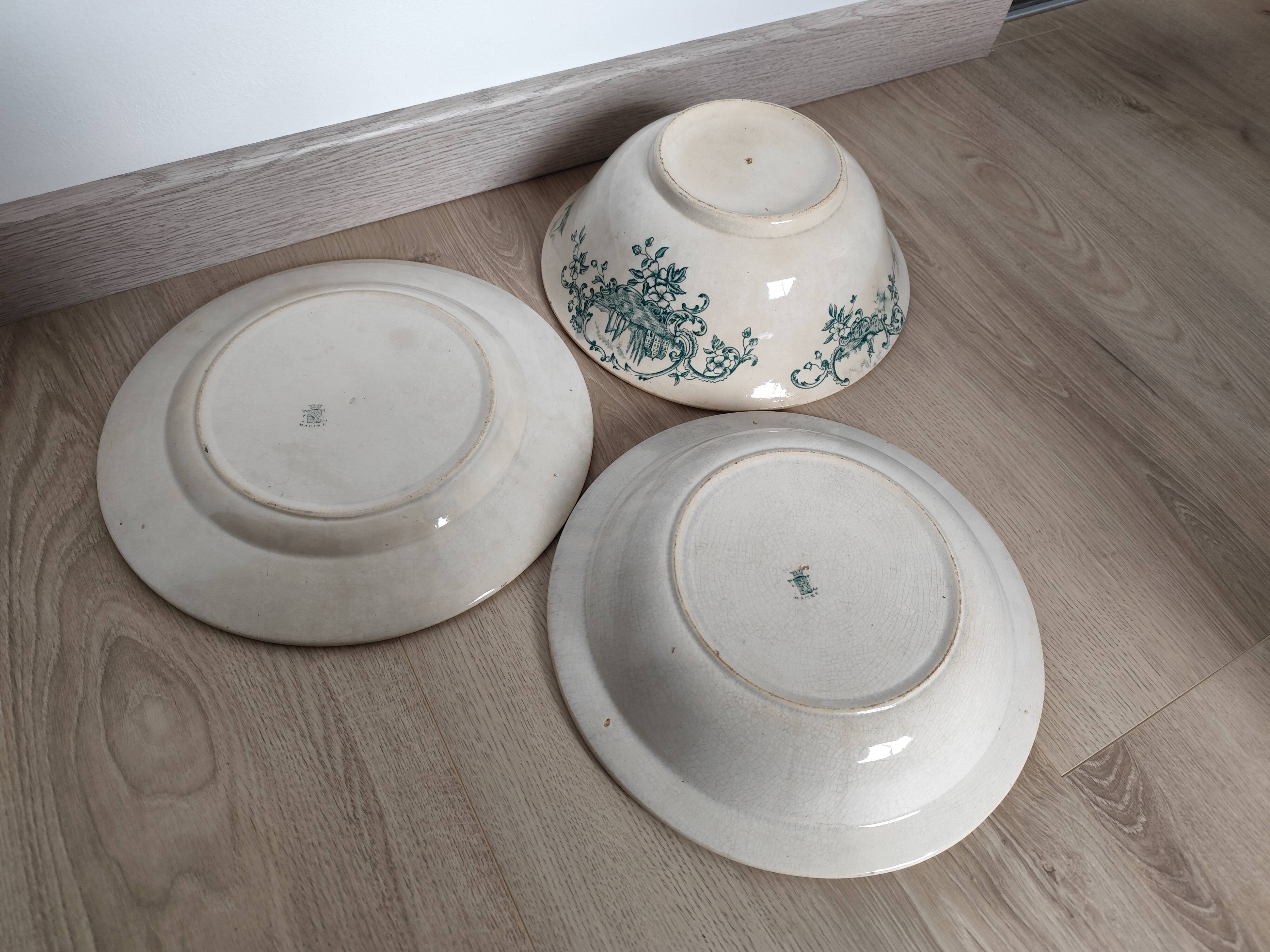 Trio of dishes: Salad bowl, Vegetable dish & Deep plate Faïence de Lyon Model