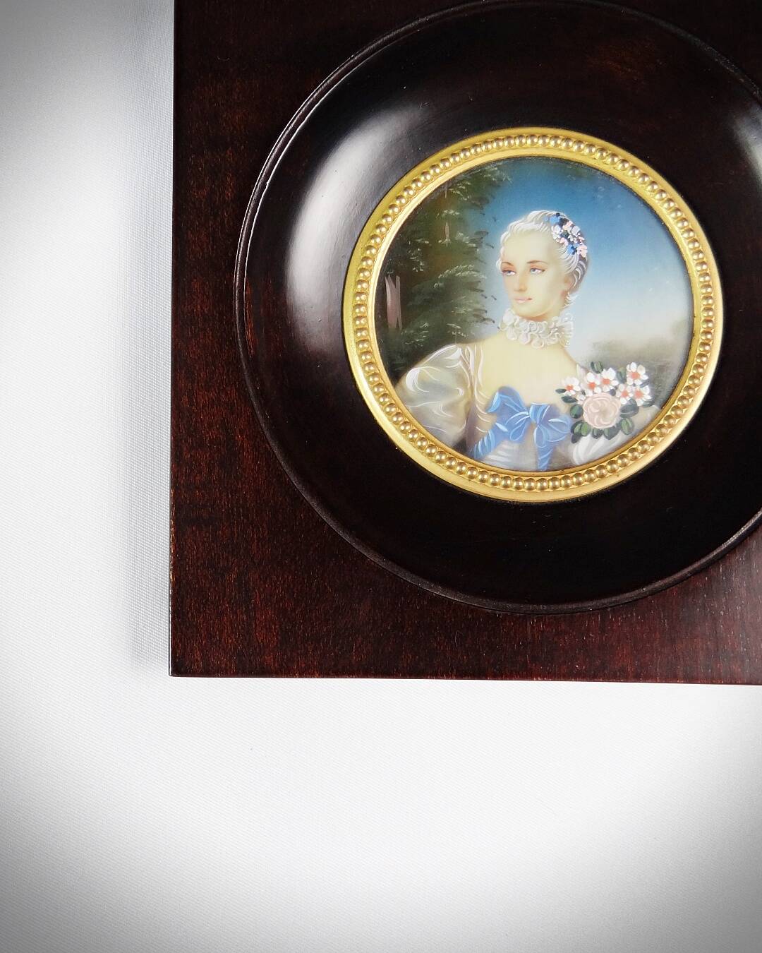 Miniature portrait of Madame Bergeret by Bouchet, hand-painted gouache, 19th century