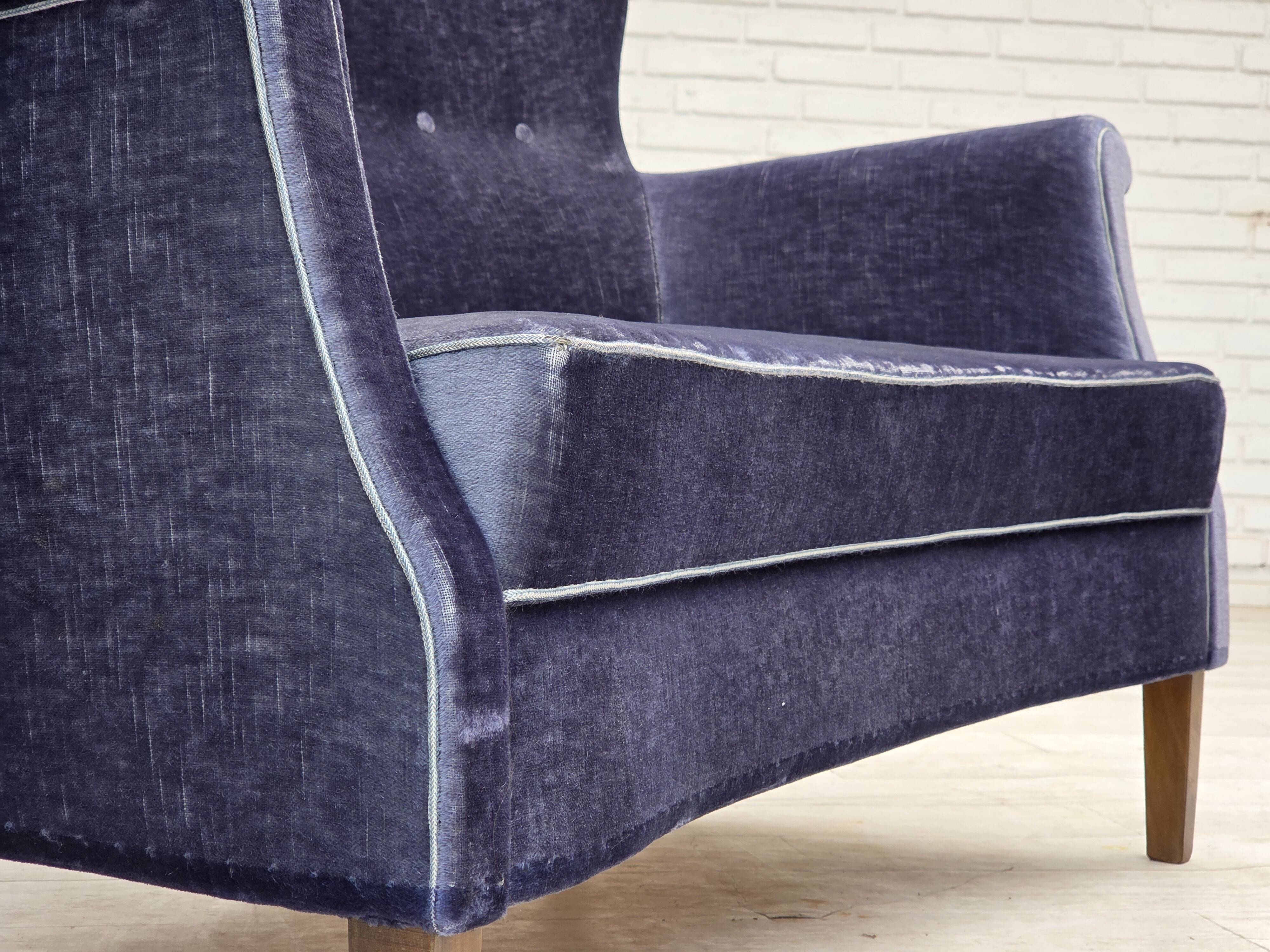 1960s, Danish 2-seater sofa, original blue furniture velour, beech wood.