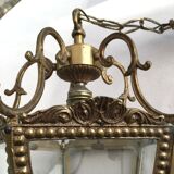Hanging brass lantern and engraved glass