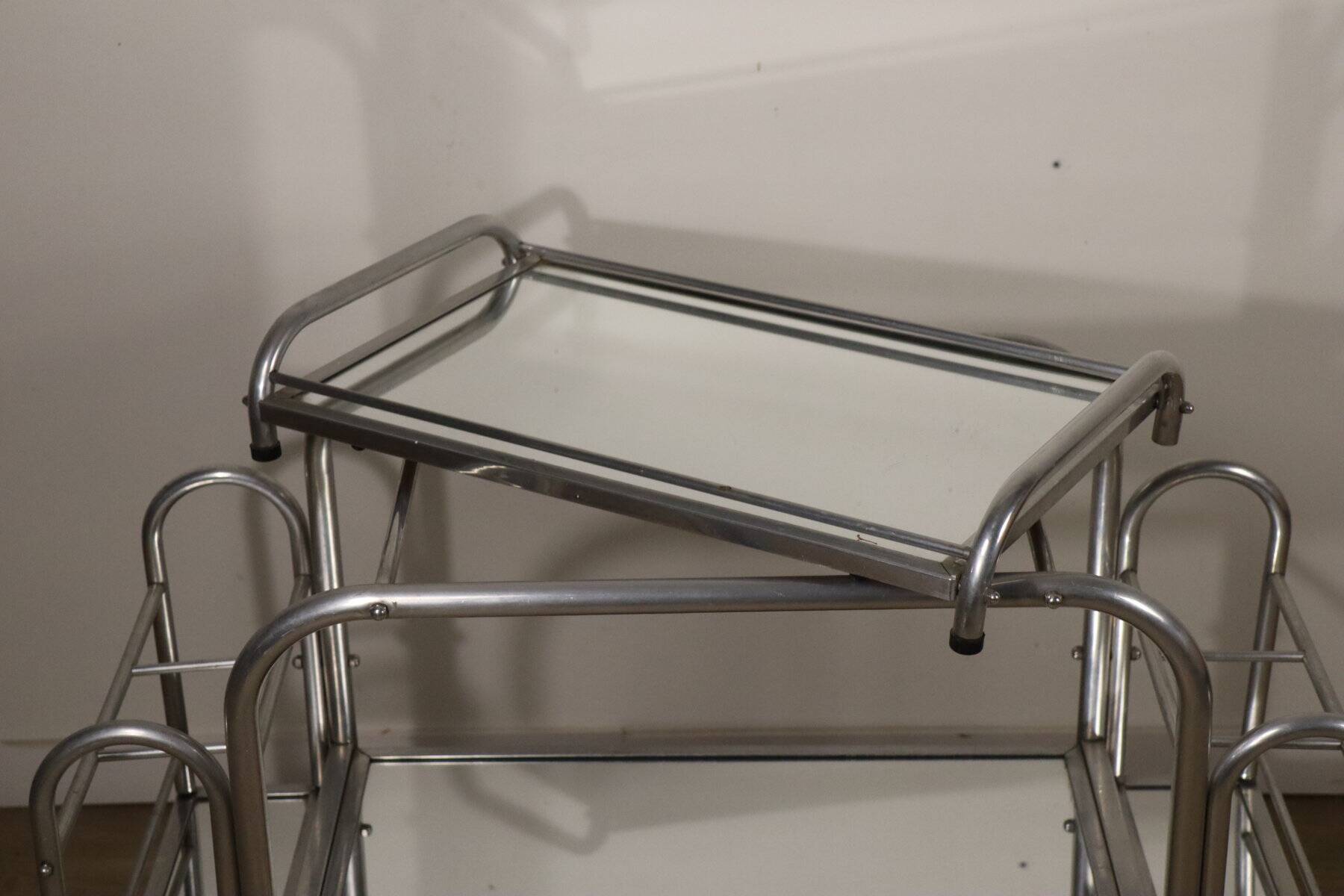 Desserte roulante vintage années 70 en métal chromé et verre miroir