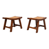 Brutalist curved solid Oak Ottomans 1950s France