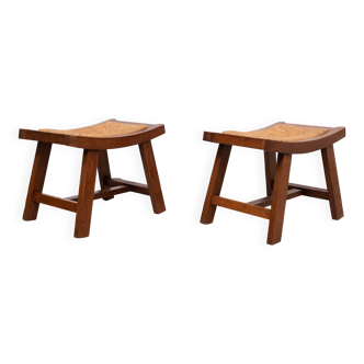 Brutalist curved solid Oak Ottomans 1950s France