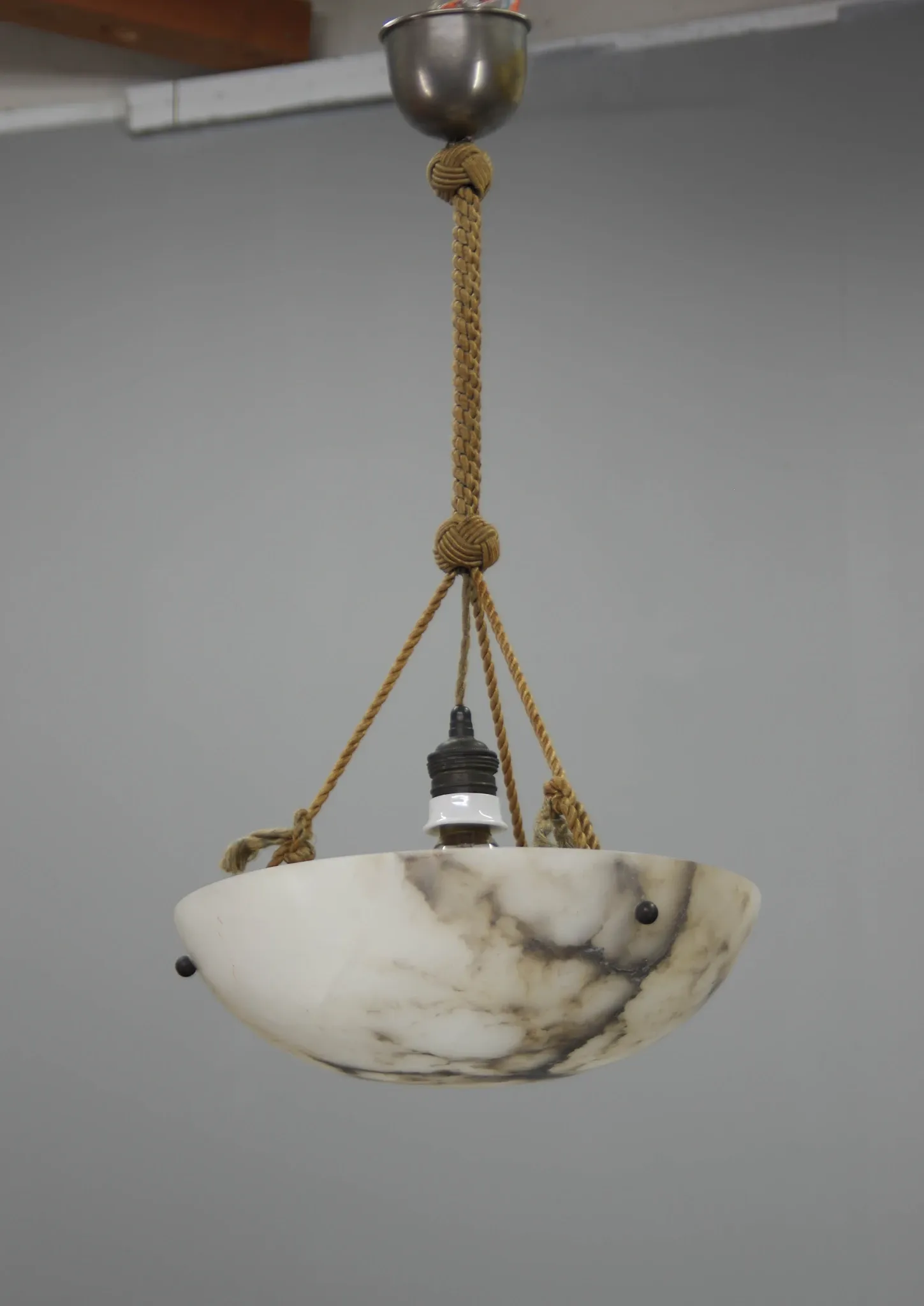Art Deco Alabaster Pendant Light, Hand-Carved, 1920s