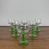 Set of 6 vintage wine glasses with emerald green stem