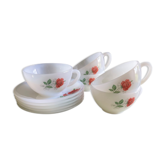 Lot de 5 tasses et sous-tasses Arcopal décor roses rouges