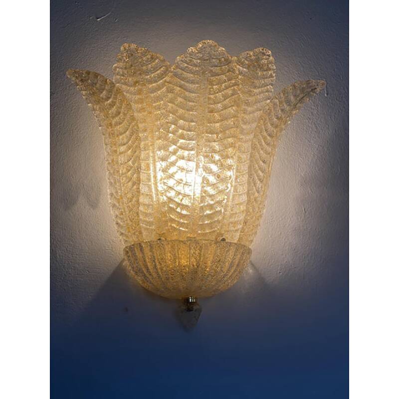 Set of Two Transparent and Gold Graniglia “Leaf” Murano Glass Wall Sconces