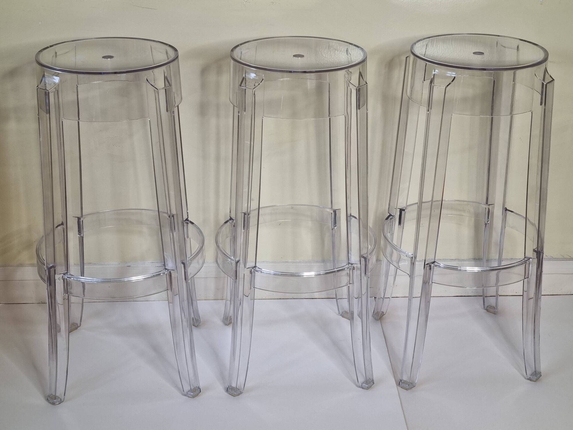 Set of 3 transparent Charles Ghost stools by Philippe Starck for Kartell, 65 cm