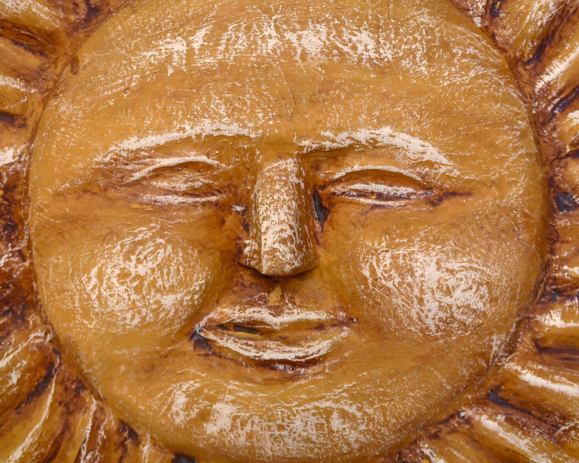 Large yellow-orange sun wall decoration made of papier-mâché, Mexico 1980s.