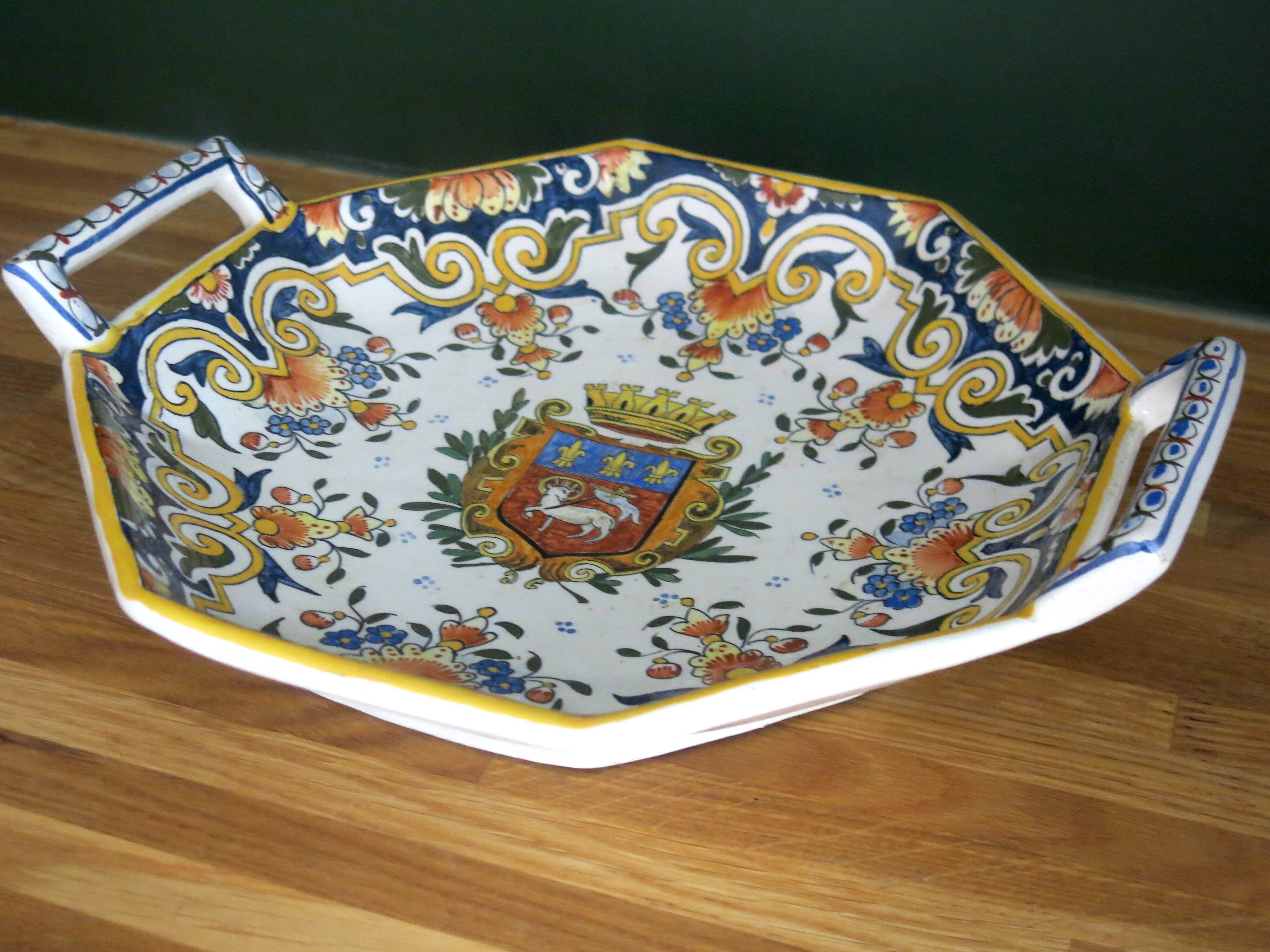 Rouen earthenware serving dish with handles in very good condition