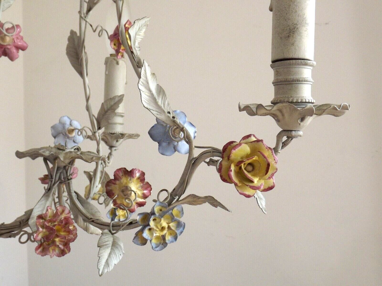 Italian tole ware 3 light cage chandelier with porcelain flowers
