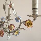 Italian tole ware 3 light cage chandelier with porcelain flowers