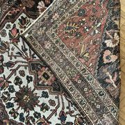 Antique handmade Hamadan Persian rug, ivory medallion on dark background 148x103.