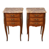 Pair of bedside tables in Louis XV style with 3 drawers, marquetry in rosewood.