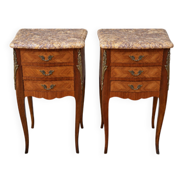 Pair of bedside tables in Louis XV style with 3 drawers, marquetry in rosewood.