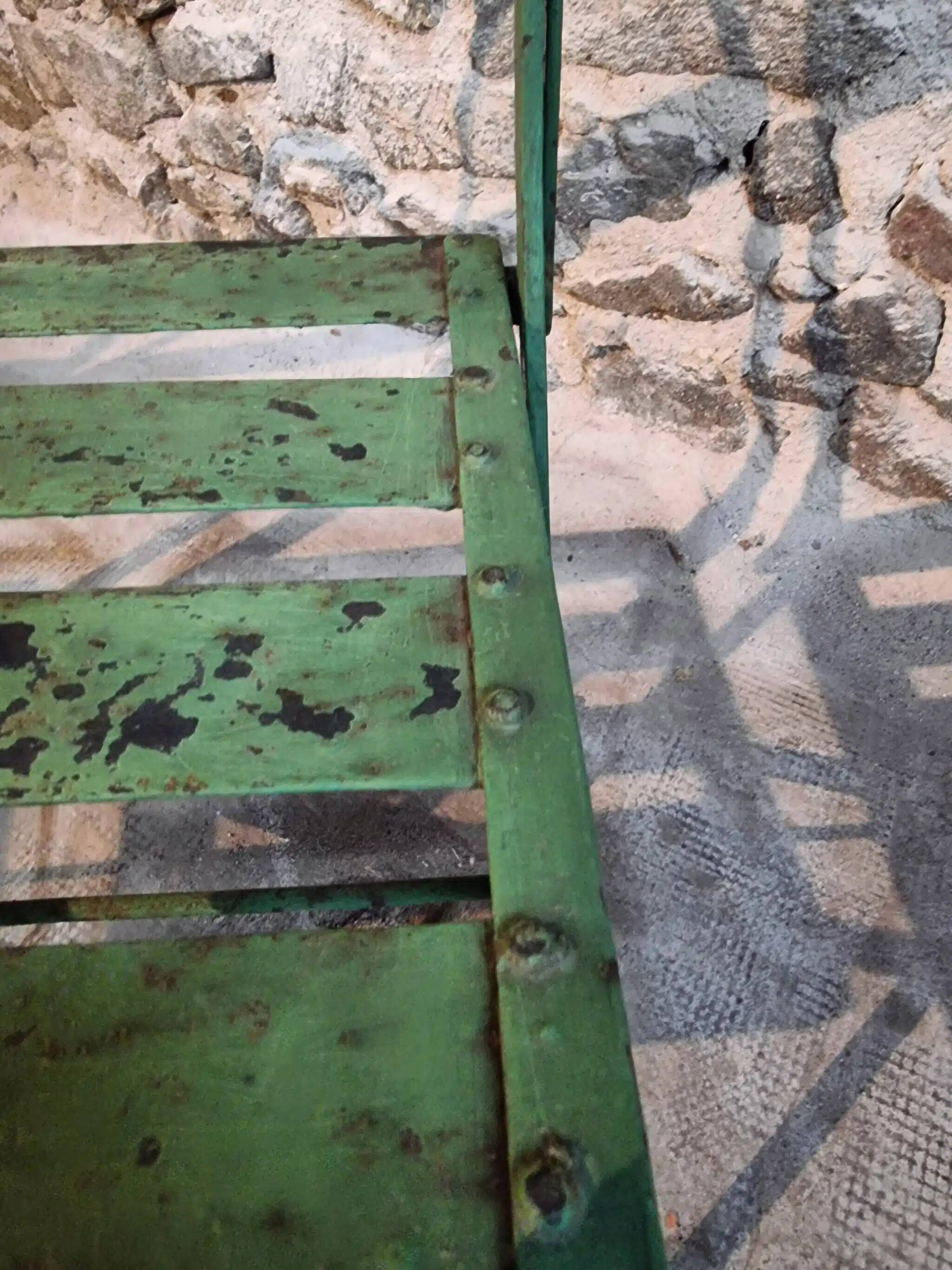 Set of 4 Antique Iron Folding Garden Chairs - 1920s Riveted Bistro Chairs with Aged Green Patina