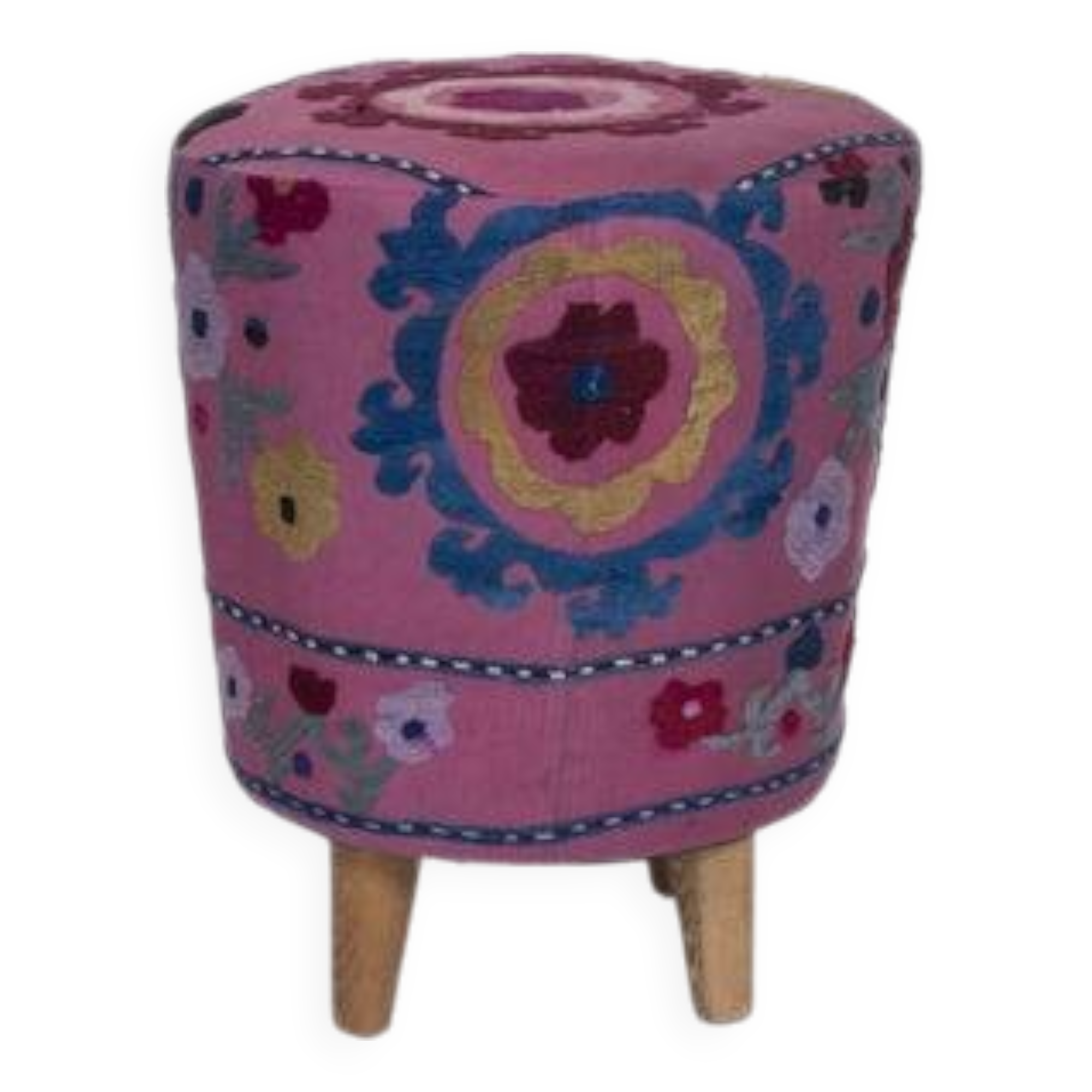 Modern Handwoven Uzbek Suzani Ottoman Footstool