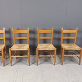 Mid century oak and wicker dining chairs, set of 4 - 1970s