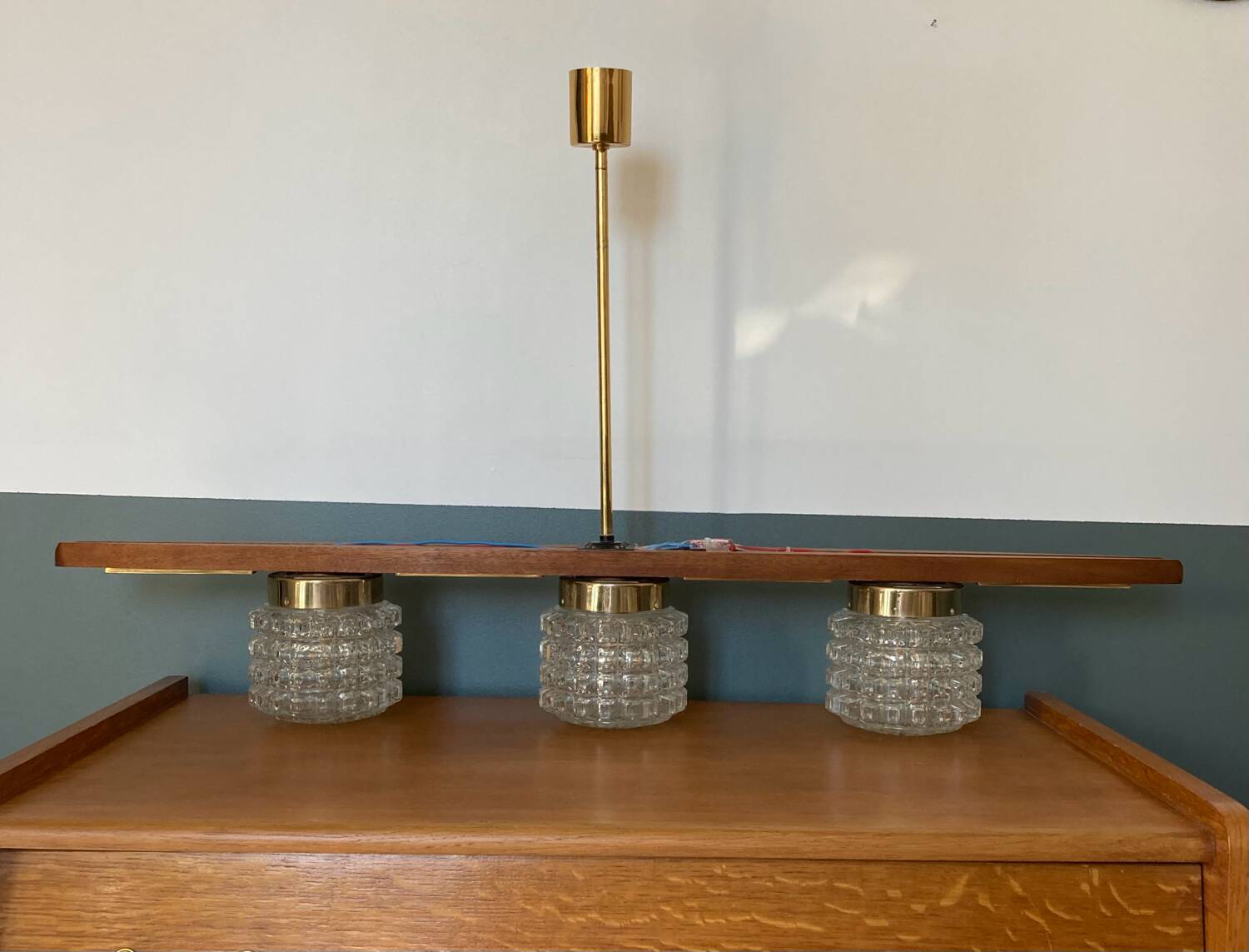Vintage teak, brass and glass chandelier