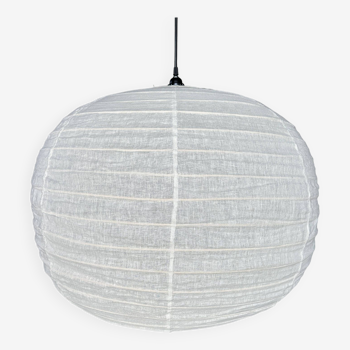 Large pendant lamp in rattan and natural linen Japanese style flattened round (Labu) H57 D80
