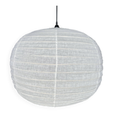 Large pendant lamp in rattan and natural linen Japanese style flattened round (Labu) H57 D80