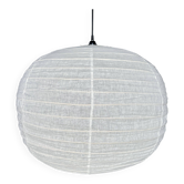 Grande suspension en rotin et lin naturel japonisante ronde aplatie (Labu) H57 D80