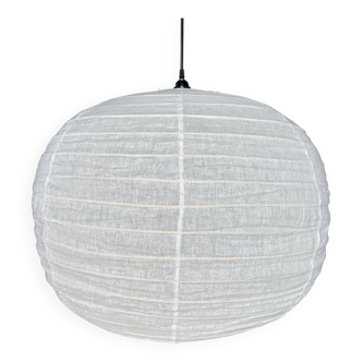 Large pendant lamp in rattan and natural linen Japanese style flattened round (Labu) H57 D80