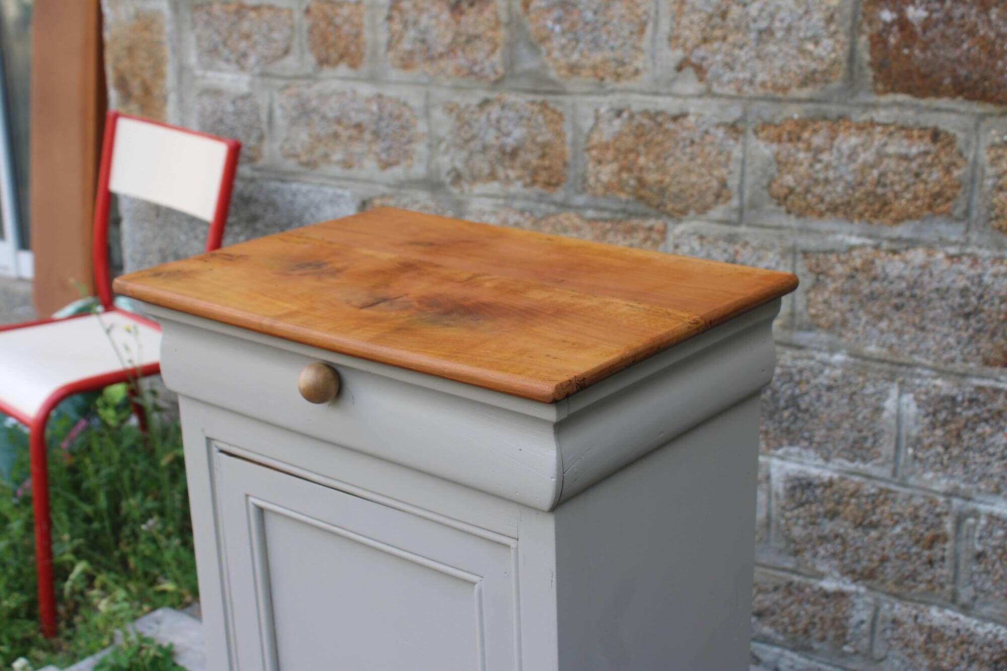 Renovated antique bedside table – Greige Galuchat, wooden top – houseboat style