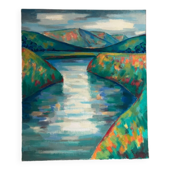 Watercourse between the flowering hills, signed R Godelier