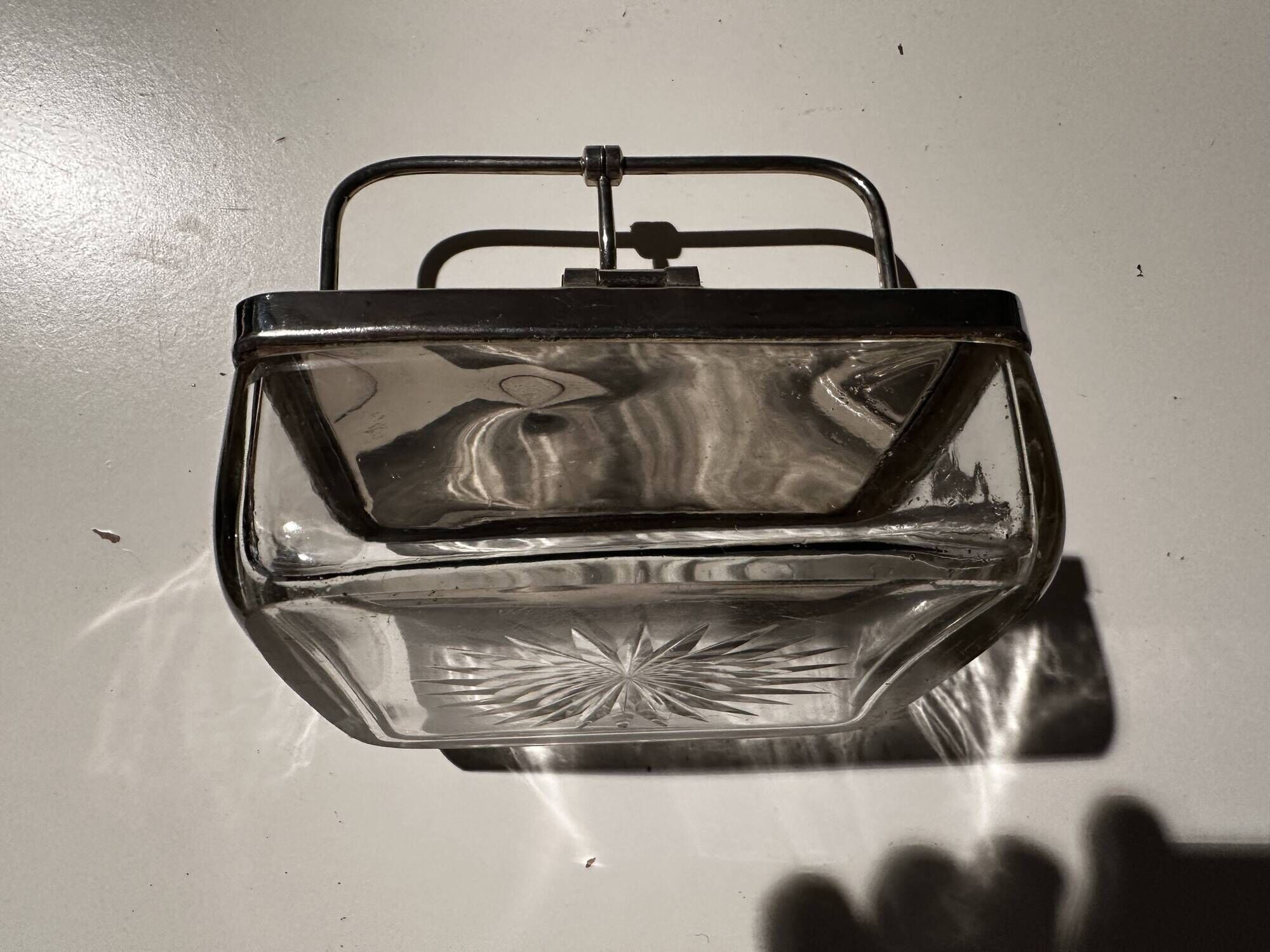 Art Deco Period Butter Dish, Silver Metal and Crystal - With Balance Wheel