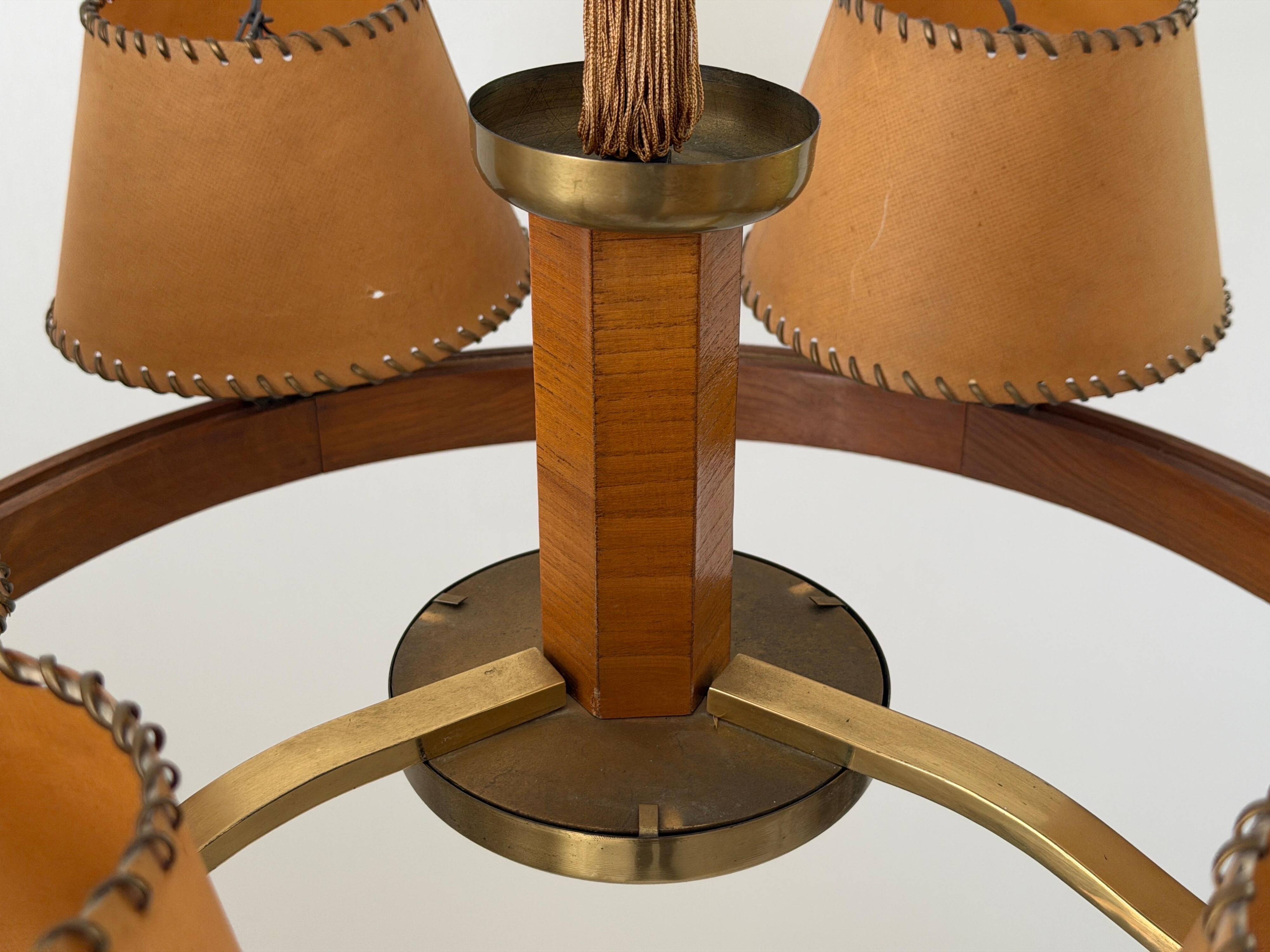 6 wooden paper head chandeliers with brass details, 1960s, Germany