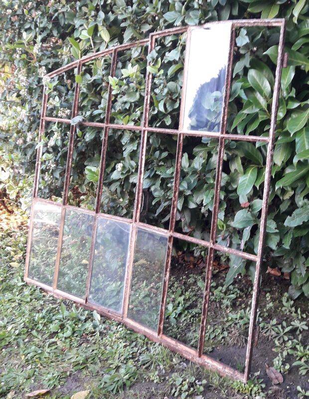 Industrial arched metal window L128xH114 19th century glass roof 2 leaves