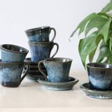 Serving of 6 cups and under cups in stoneware, Manziat, vintage