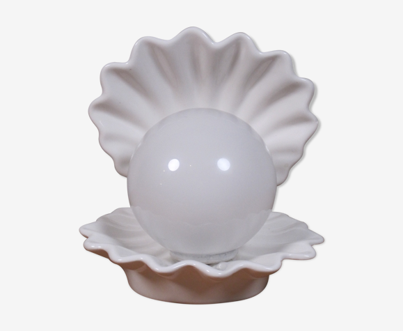 Lampe de table coquillage en céramique émaillée blanche, design seventies