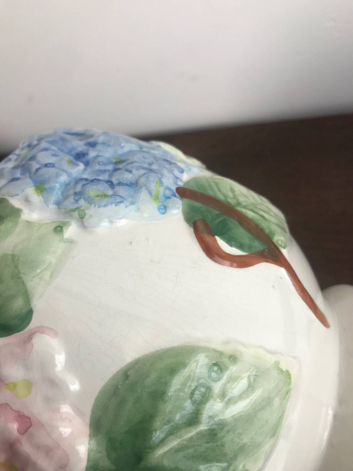 Vintage slip pot with hydrangea pattern