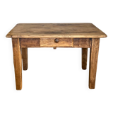 Old coffee table in solid oak and walnut from the 19th century, one belt drawer