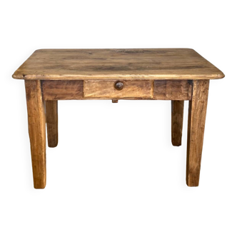 Old coffee table in solid oak and walnut from the 19th century, one belt drawer