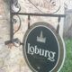 Double-sided "Loburg Beer" metal sign on wrought iron bracket