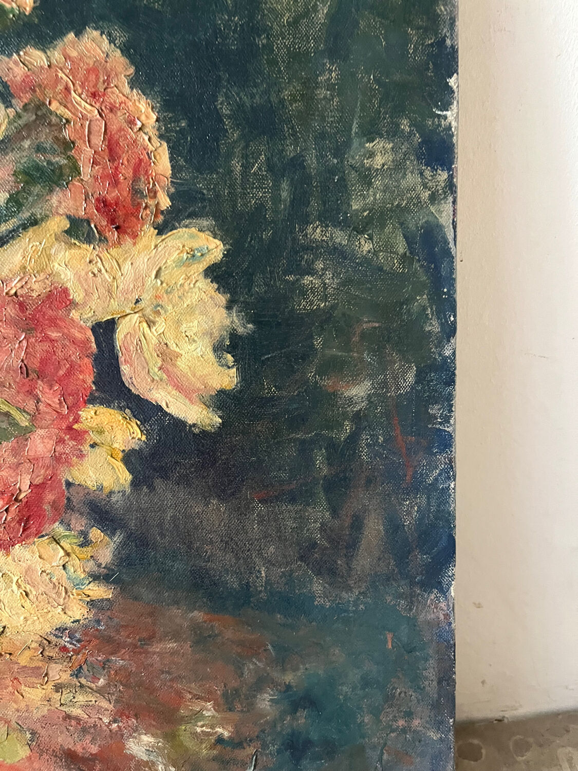 Bouquet of carnations in a blue and white vase, signed