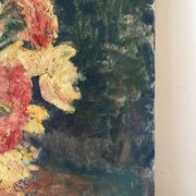 Bouquet d’œillets en vase bleu et blanc, signée
