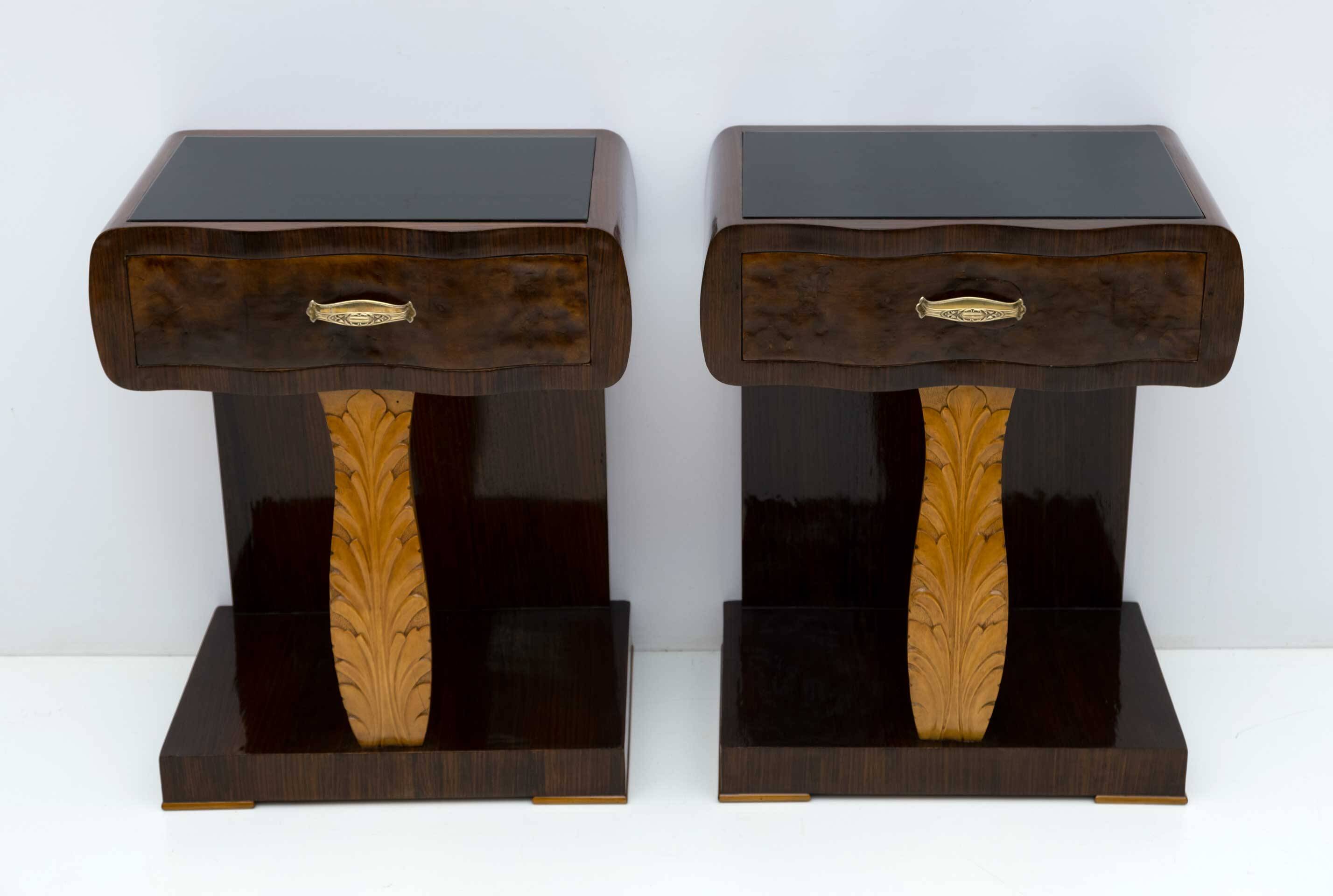 Pair of Art Deco Italian Walnut Briar and Maple Bedside Tables, 1920s