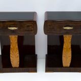 Pair of Art Deco Italian Walnut Briar and Maple Bedside Tables, 1920s